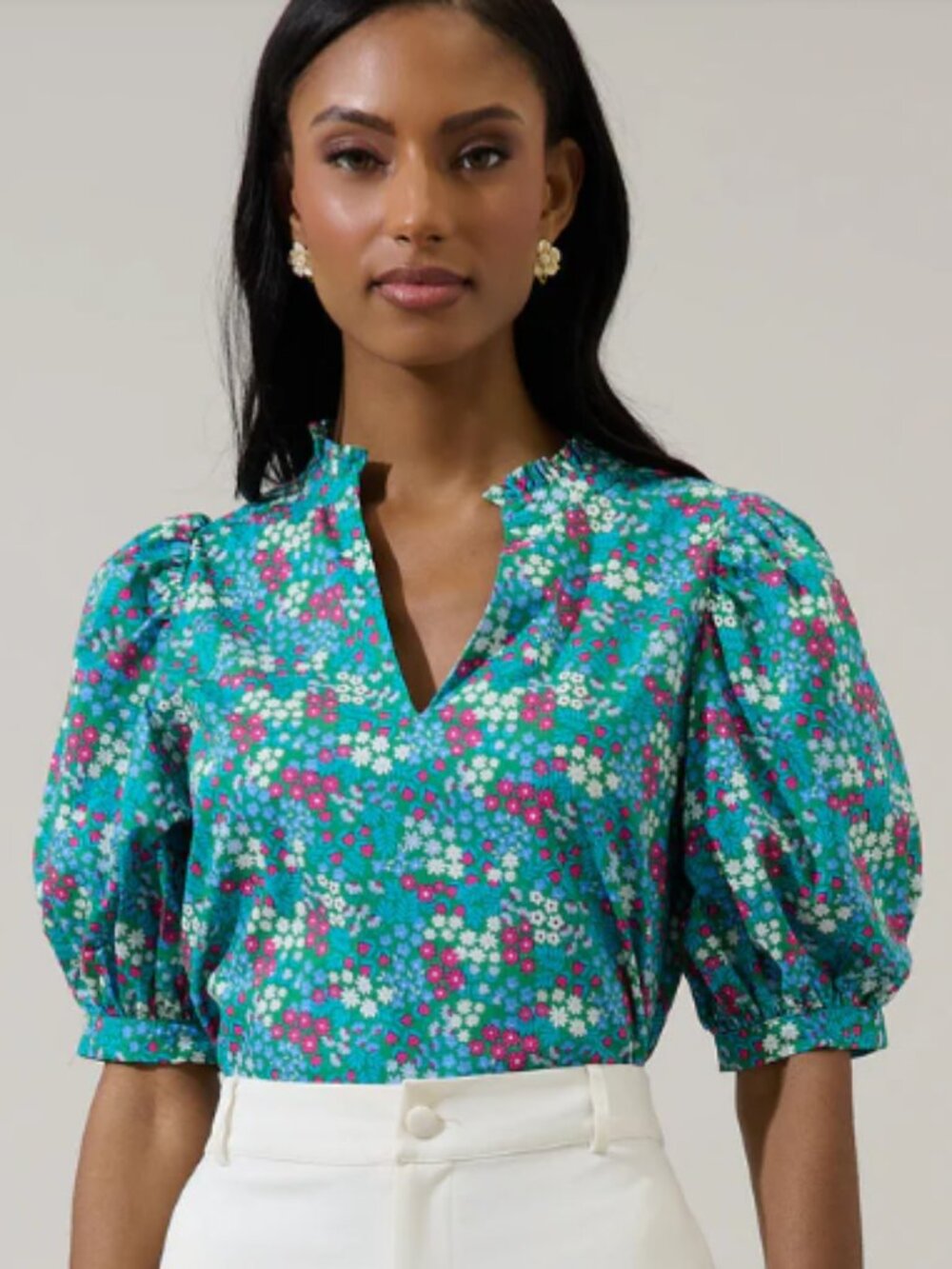 NWT Women's Sugarlips Teal Floral Puff Sleeve Blouse Split Neck Top Medium